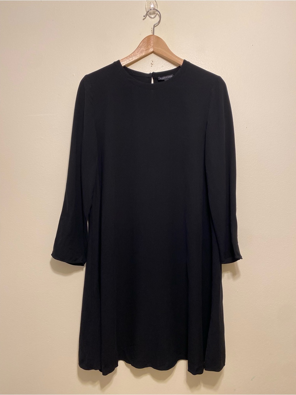 EILEEN FISHER Silk Classic Black Long-Sleeve Shift Dress. Size XS